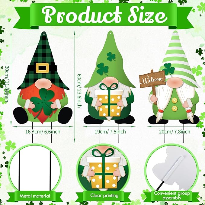 LEIFIDE 3 Pcs St. Patrick's Day Garden Decor for Outside, Metal Green Gnome Stakes, Saint Patricks Day Decorative Welcome Signs Stakes with Shamrocks for Outside Outdoor Irish Yard Lawn Backyard Porch