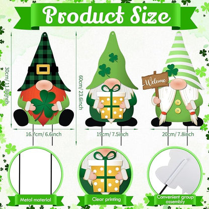 LEIFIDE 3 Pcs St. Patrick's Day Garden Decor for Outside, Metal Green Gnome Stakes, Saint Patricks Day Decorative Welcome Signs Stakes with Shamrocks for Outside Outdoor Irish Yard Lawn Backyard Porch