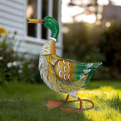 HONGLAND Solar Outdoor Metal Duck Sculpture, 16" Mallard Duck Garden Statue with Lights for Outdoor Patio, Backyard, Lawn, Home Kitchen Decoration