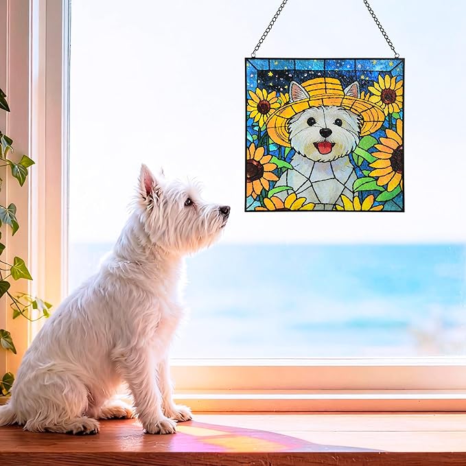 Stained Glass for Window Hanging Dog Suncatcher, Sun Catchers for Outdoor Decoration, Westie Garden Decor, Gifts for Women, Lovers, Couple, Friend, Colleagues