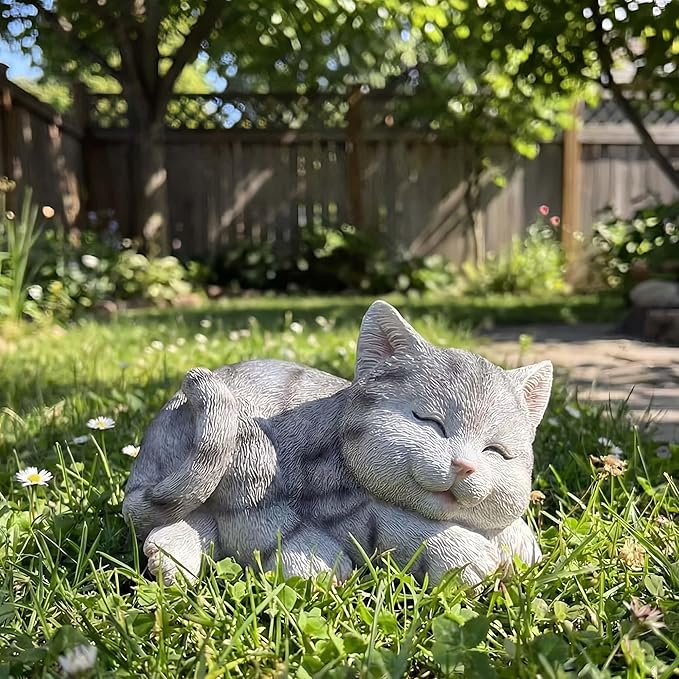 Sleeping Grey Tabby Garden Statue - Resin Realistic Mini Cat Sculpture, Pet Loss Memorial Stone, for Cat Lovers, Indoor/Outdoor Decor, Animal Figurine for Yard Ornaments