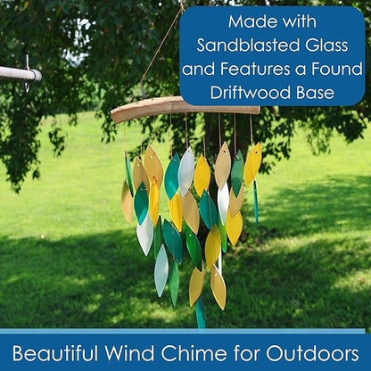 Blue Handworks Rainforest Waterfall Glass and Driftwood Chime, Sandblasted Glass and Found Wood Handcrafted Wind Chime