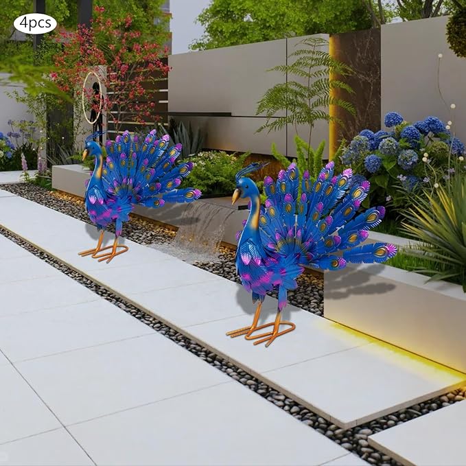 4 Pcs Metal Peacock Statue Set, Colorful Iron Garden Decor Outdoor, Vibrant Tail Spread Peacock Yard Art Sculpture for Patio Lawn Entryway, Weather Resistant Housewarming Gift