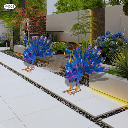 4 Pcs Metal Peacock Statue Set, Colorful Iron Garden Decor Outdoor, Vibrant Tail Spread Peacock Yard Art Sculpture for Patio Lawn Entryway, Weather Resistant Housewarming Gift