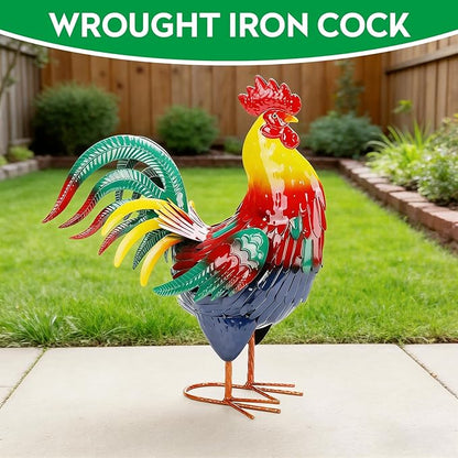 Metal Rooster Garden Statue Outdoor Decor Yard 17" Chicken Statue Garden Decoration, Large Animal Sculpture Chicken Themed Gift for Outdoor Porch Patio Backyard Lawn Ornament
