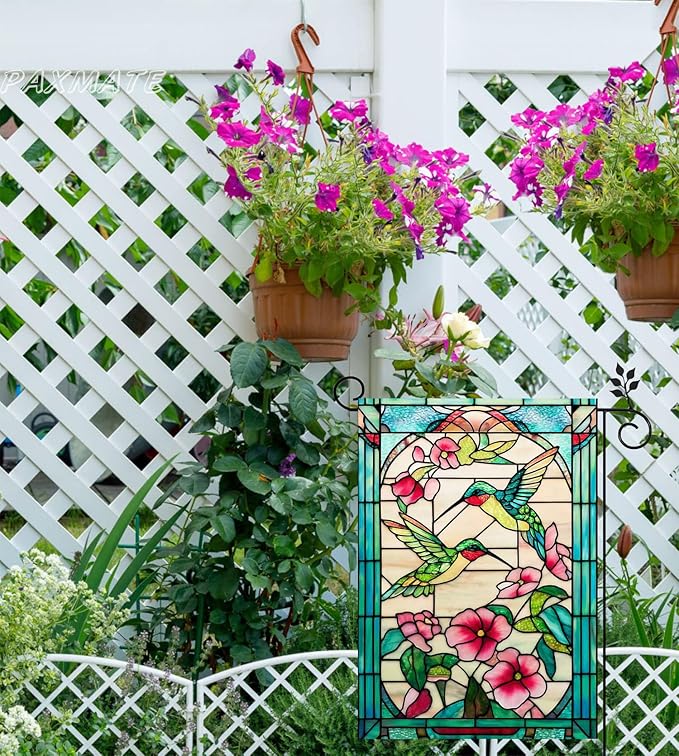 Spring Summer Hummingbird Garden Flag 12x18 Inch Double Sided, Stained Glass Floral Garden Flag for Outside, Colorful Flower Yard Flag Seasonal Outdoor Farmhouse Decor