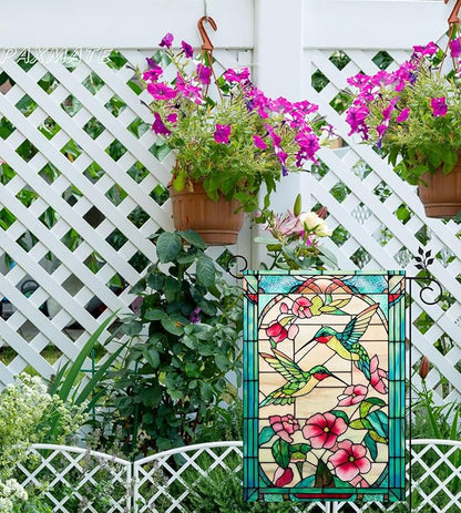 Spring Summer Hummingbird Garden Flag 12x18 Inch Double Sided, Stained Glass Floral Garden Flag for Outside, Colorful Flower Yard Flag Seasonal Outdoor Farmhouse Decor