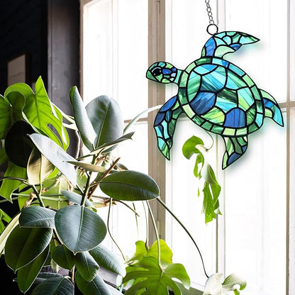 Sea Turtle Suncatcher Decor, Sea Turtles Stained Glass Window Hanging for Turtle Lovers, Wall Decor for Indoor Outdoor.