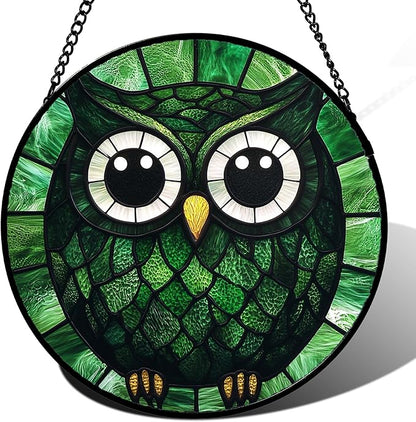 Stained Glass Window Hanging - Green Owl Suncatcher for Doors Garden Patio Funny Bird Sun Catchers Decor Christmas Mother's Day Birthday Teenager Gifts for Women Men Mom Nana Friend 15 in