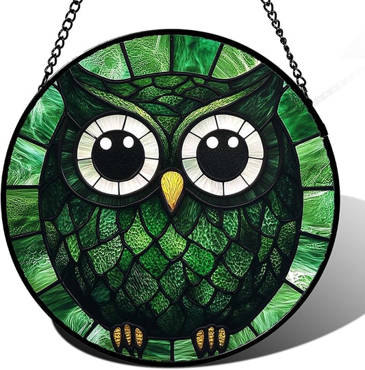 Stained Glass Window Hanging - Green Owl Suncatcher for Doors Garden Patio Funny Bird Sun Catchers Decor Christmas Mother's Day Birthday Teenager Gifts for Women Men Mom Nana Friend 9.8 in