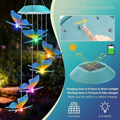 Solar Butterfly Gift for Mom Girls, Color Changing Christmas Wind Chimes for Outside, Solar Outdoor Decorative Mobile Lights for Garden, Yard, Patio, Window, Christmas Decorations, Gift for Women