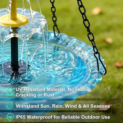 Yeomi Solar Fountain for Bird Bath, Solar Cascade Hanging Bird Bath Fountain, Large Hummingbird Bath with Solar Pump & Blue Glass Bowl, Outdoor Garden Decor