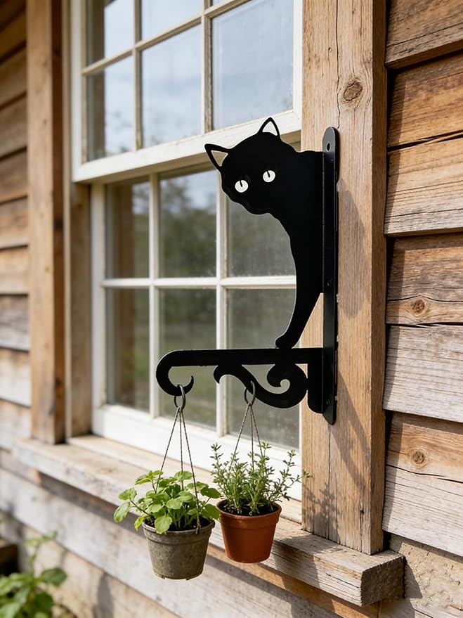 Iron Plant Hangers Hooks for Outdoor -10inch Hanging Plants Flower Fern Pots Lantern Bird Feeder Wind Chimes for Porch Garden Farmhouse (The cat Hiding in The Dark)