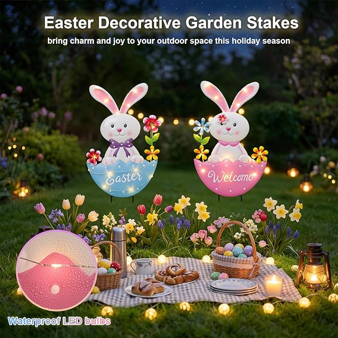 Easter Decorations Outdoor, 25 Inch Cute Bunny Flowers Decorative Garden Stakes for Easter Decor, Welcome Metal Yard Sign for Home Spring Outside Garden Front Porch Lawn Backyard