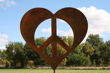 Peace and Heart Staked Signs or Wall Art Rustic or Powder Coated Finishes (Peace Heart Small Stake 21", Naturally Rusted)