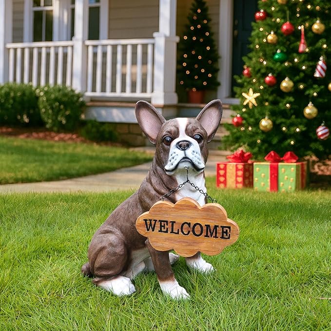 Outdoor Boston Terrier Dog Statue with Interchangeable Welcome sign and Detachable Solar Lantern –LED Light Garden Dog Sculpture Décor Garden Statue Outdoor dog statue Cute Puppy Design for Yard Gift