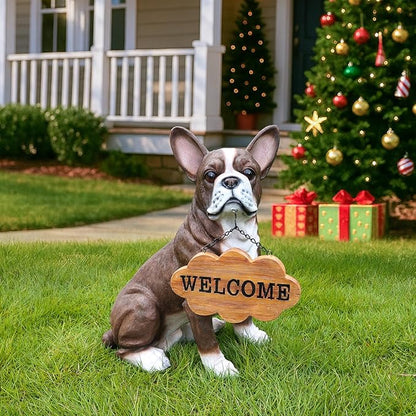Outdoor Boston Terrier Dog Statue with Interchangeable Welcome sign and Detachable Solar Lantern –LED Light Garden Dog Sculpture Décor Garden Statue Outdoor dog statue Cute Puppy Design for Yard Gift