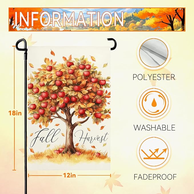 Fall Garden Flag Red Apple Fall Harvest Yard Flag Autumn Tree Maple Leaves Vertical Double Sided Garden Flags Thanksgiving Holiday House Banner Outside Decorations 12x18 Inch