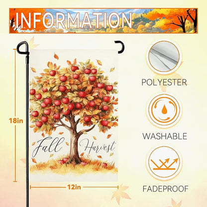 Fall Garden Flag Red Apple Fall Harvest Yard Flag Autumn Tree Maple Leaves Vertical Double Sided Garden Flags Thanksgiving Holiday House Banner Outside Decorations 12x18 Inch