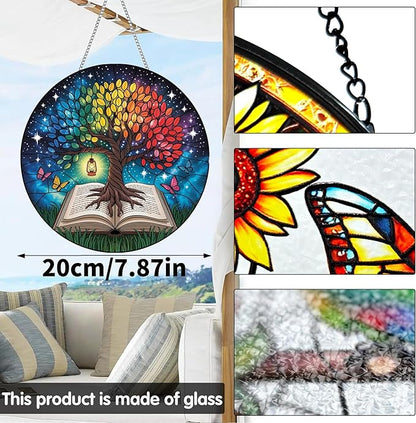 VAIIEYO Tree Sun Catcher Stained Glass Window Hanging Ornament, Handmade Sun Catcher Plant Decoration with Hooks for Window Garden Home, Mother's Day & Birthday Housewarming Gift (7.8 inch)
