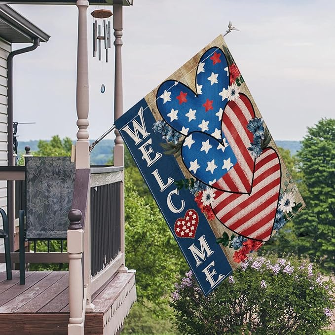 AVOIN colorlife Patriotic 4th of July Welcome House Flag 28x40 Inch Double Sided, Memorial Day American Stars and Stripes Love Heart Yard Outdoor Decoration