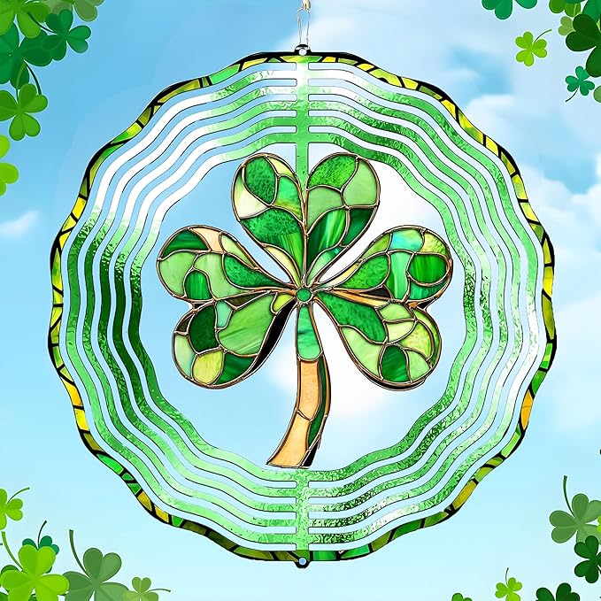 St. Patricks Day Wind Spinner-Outdoor Hanging Decorations Green Clover Shamrock Wind Spinners for Yard and Garden Stainless Steel Windspinners for Outside Hanging Ornament Gifts for Friends Neighbors