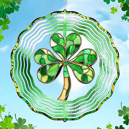 St. Patricks Day Wind Spinner-Outdoor Hanging Decorations Green Clover Shamrock Wind Spinners for Yard and Garden Stainless Steel Windspinners for Outside Hanging Ornament Gifts for Friends Neighbors