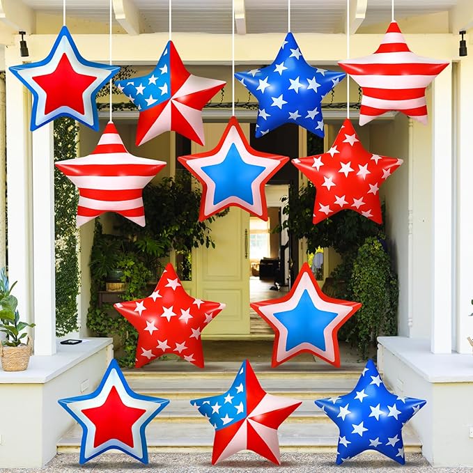 18 Pcs 4th of July Inflatable Outdoor Stars Decor 250th Anniversary Patriotic Memorial Day Outdoor Decorations Inflatable Star American Flag PVC Balloons Blow up for Hanging Home Garden Decor