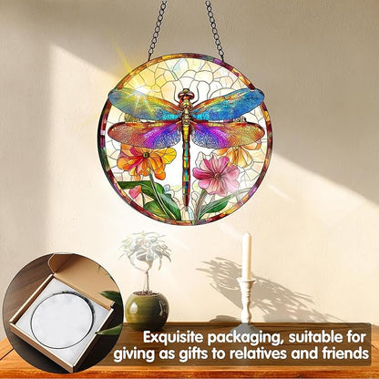 VAIIEYO Dragonfly Sun Catcher Stained Glass Window Hanging Ornament, Handmade Sun Catcher Animal Decoration with Hooks for Window Garden Home, Mother's Day & Birthday Housewarming Gift (7.8 inch)