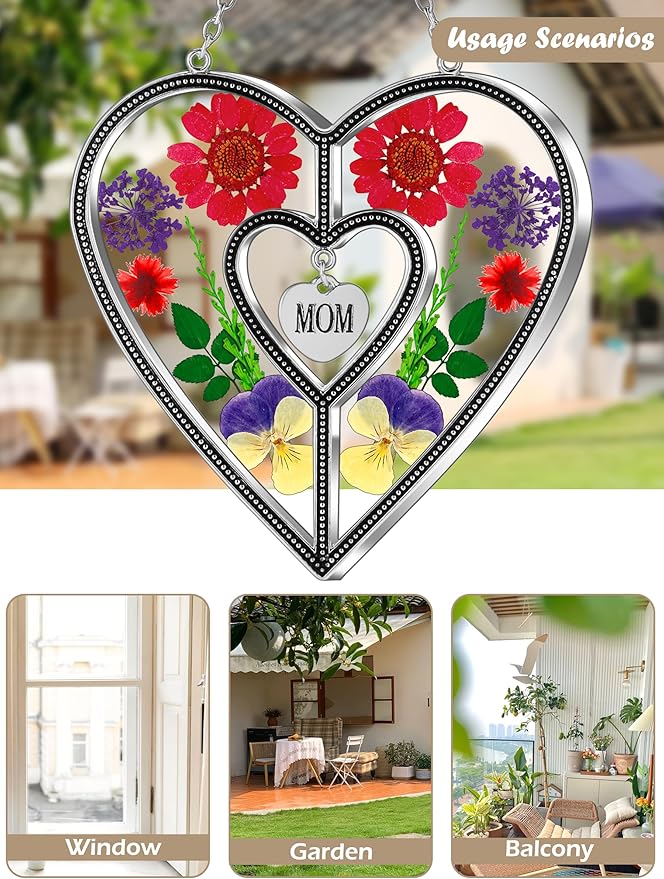 KY&BOSAM Heart Suncatcher Mom Gifts Stained Glass Panels Suncatchers for Windows Hangings Ornament with Pressed Flower Heart in Glass and Heart Charm Birthday Gifts for Mom Mothers Day Christmas Decor