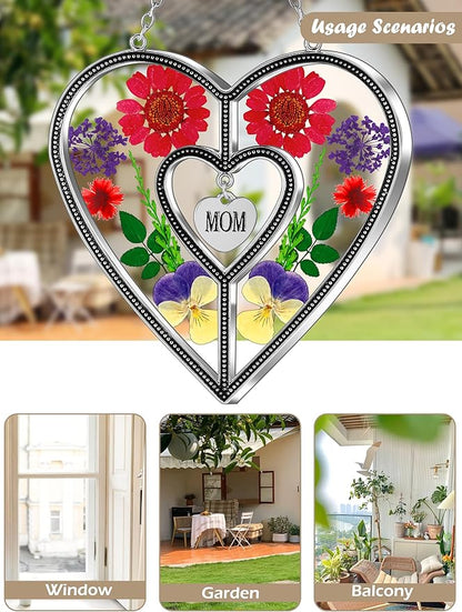 KY&BOSAM Heart Suncatcher Mom Gifts Stained Glass Panels Suncatchers for Windows Hangings Ornament with Pressed Flower Heart in Glass and Heart Charm Birthday Gifts for Mom Mothers Day Christmas Decor