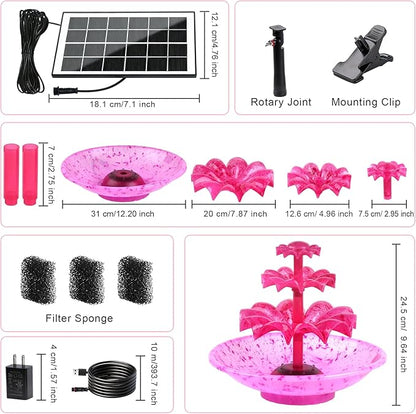 3.5W Solar Fountain Pump for Bird Bath, 3-Tier Red Solar Water Pump with 8 LED Lights, 32.8FT Power Cord and Adapter Included, Dual-Powered for 24/7 Use for Garden, Pond, Pool, Fish Tank and Lawn