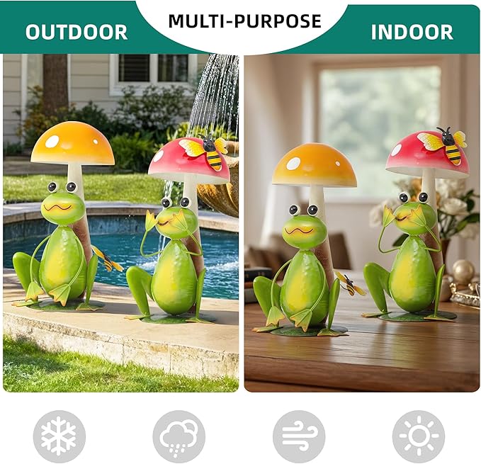 15.3" Large Frog Decor Set of 2, Handcrafted 3D Lifelike Metal Frog with Mushroom Sculpture, Outdoor Yard Art for Garden, Lawn & Home, Ideal Gift for Mom, Women on Mother’s Day & Housewarming
