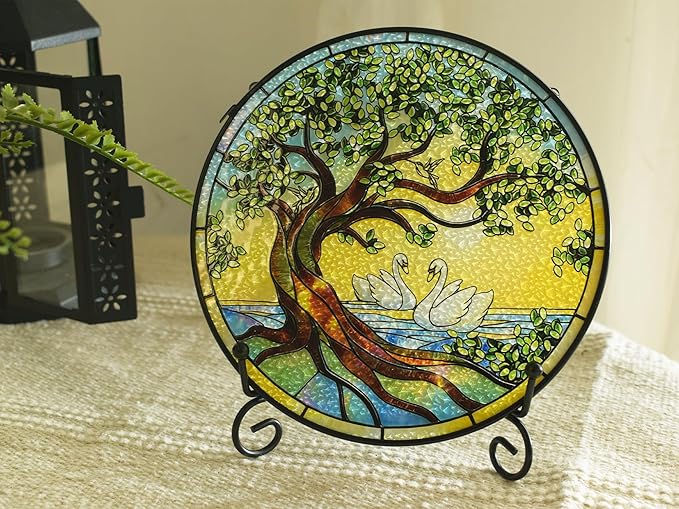 Stained Glass Window Hangings, Tree of Life with Hummingbird Suncatchers for Window, Treasured Gift for Mom, Grandma, Family and Friends (Tree of Life with Geese, 6.7x6.7 in)