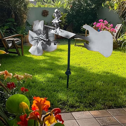 Handmade Metal Guitarist Windmill, Metal Art Musician Figurine Wind Mill, Percussionist and Musician Kinetic Spinners, for Garden, Yard, Lawn, Patio, Unique Art Gift for Music Lovers (Silver)