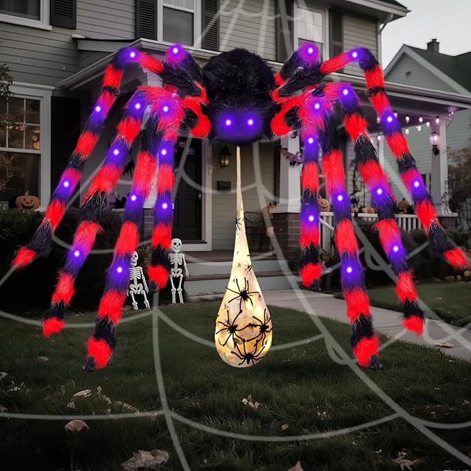 3-in-1 Large Halloween Spider Decorations Set, 50" Huge Spider Hanging with 20" Light Up Spider Egg Totally 36 LEDs Lights Battery Operated Fake Spiders Halloween Decors for Yard Home Party