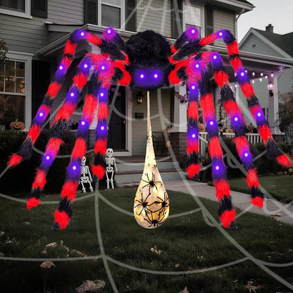 3-in-1 Large Halloween Spider Decorations Set, 50" Huge Spider Hanging with 20" Light Up Spider Egg Totally 36 LEDs Lights Battery Operated Fake Spiders Halloween Decors for Yard Home Party