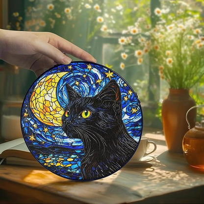Black Cat Stained Glass Suncatcher Window Hanging Decor for Garden, Starry Night Cat Suncatcher Window Panel Gifts for Cats Lovers, Memorial Gifts for Pet Loss Sympathy Gift for Outdoor Decorations