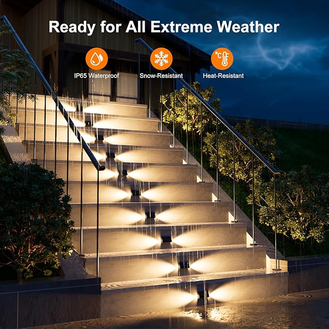 12 Pack Solar Powered Stair Lights Outdoor Waterproof Warm White Lamps for Deck Step Safety Outside Decorative LED for Porch, Sideway, BackYard, Garden, Pool, Easy Installation & All Night Lighting