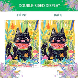 Summer Cat House Flag 28 x 40 Inch Double Sided, Cute Black Cat Eating Watermelon with Floral Flowers Large Burlap Yard Garden Flag Seasonal Outside Outdoor Decorations