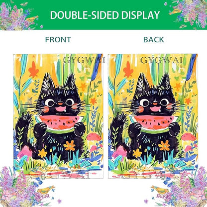 Summer Cat House Flag 28 x 40 Inch Double Sided, Cute Black Cat Eating Watermelon with Floral Flowers Large Burlap Yard Garden Flag Seasonal Outside Outdoor Decorations