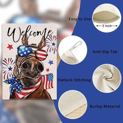 Welcome 4th of July Donkey Patriotic Decorative Flag, America Stars Stripes Firework Garden Yard Outside Decorations, American USA Outdoor Large Home Decor Double Sided 28 x 40