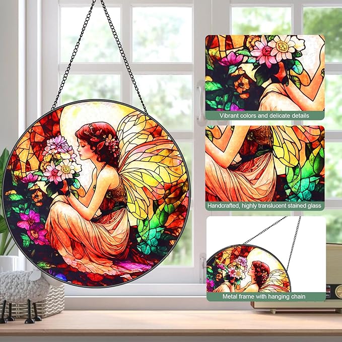 Butterfly Flower Fairy Stained Glass Window Hanging Suncatcher with Chain - 7.9" Outdoor/Indoor Art Decor for Home Garden,Wedding, Mother's, Valentine's, Birthday & Christmas Ornaments Present