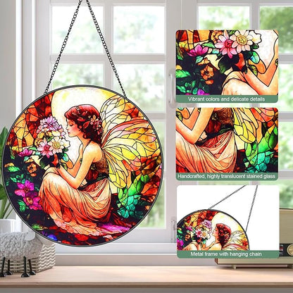 Butterfly Flower Fairy Stained Glass Window Hanging Suncatcher with Chain - 7.9" Outdoor/Indoor Art Decor for Home Garden,Wedding, Mother's, Valentine's, Birthday & Christmas Ornaments Present