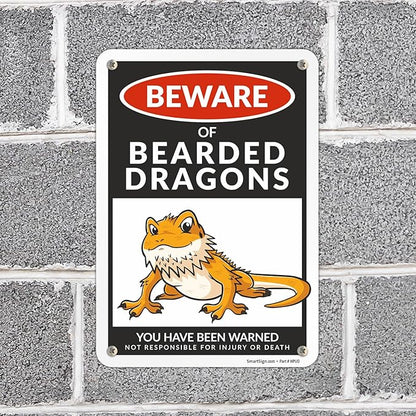 SmartSign Funny Beware Of Bearded Dragons Warning Sign - 10"x7", 40 mil Laminated Rust-free Aluminum - Metal Signs for Wall Decor, Outdoor, Patio, Gifts, Cafe - Dragon Theme, Made in USA