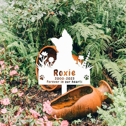 Personalized Yorkshire Terrier Dog Memorial Stake Grave Marker, Custom Dog Yorkshire Terrier Memorial Grave Marker Garden Stake, Metal Flowers Dog Memorial Yard Garden Sign with Stake