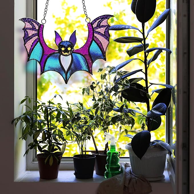 Bat Stained Glass Window Hangings, Halloween Bat Suncatcher Home Decor, Gothic Bat Lovers Gifts.