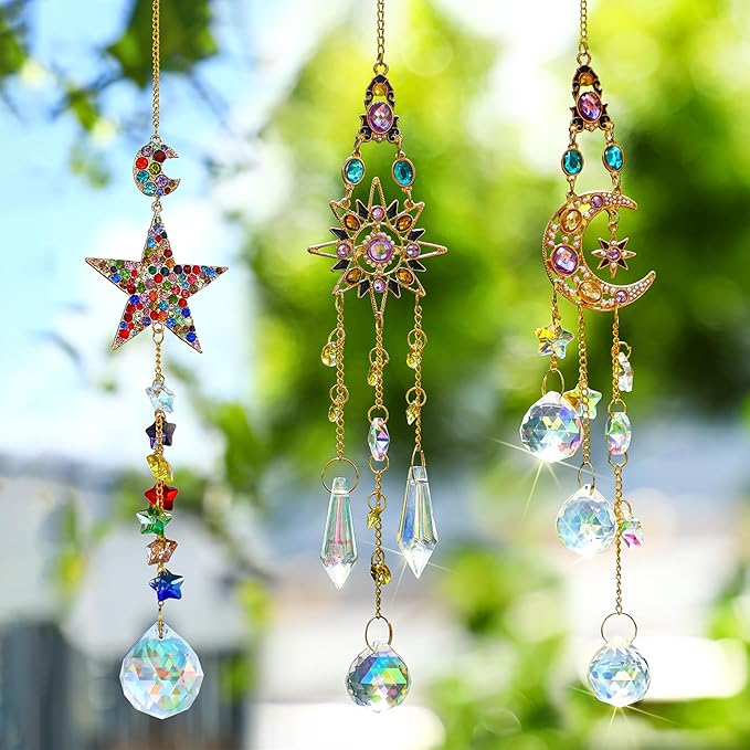 H&D HYALINE & DORA 3Pcs Sun Catchers with Crystals Glass Prisms Rhinestones Suncatcher Rainbow Maker Pendant Indoor Window Home Car Decor Gift(Star, Sun, Moon)