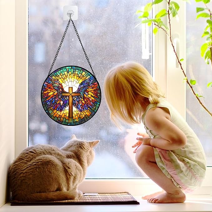 DASTOLL Stained Glass Window Hanging - Jesus Cross Wings Suncatcher Ready to Hang Window Doors Home Decoration and Christmas, Mother's Day Birthday Gifts for Women, Men, and Mom 6.3x6.3 in