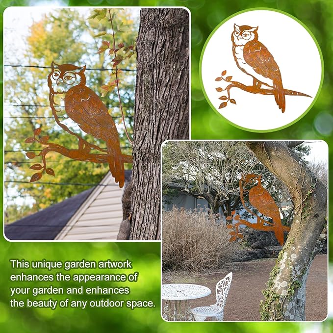 DoubleFill Rustic Copper Metal Owl Statue Outdoor Garden Decor Weather Resistant Rusty Metal Wall Art for Patio Lawn and Backyard Sculpture Gift